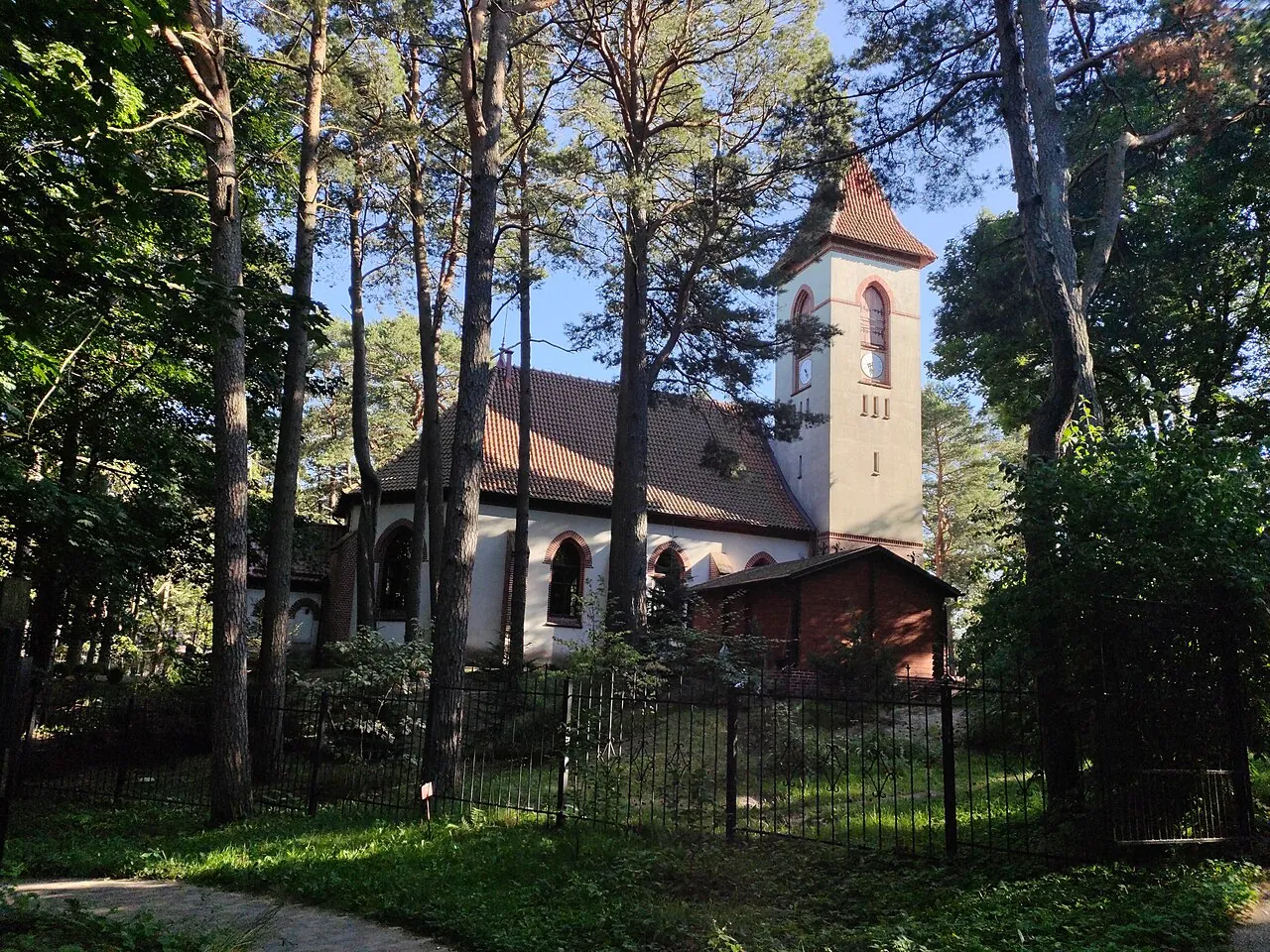 Кирха Раушена из красного кирпича с башней среди сосен